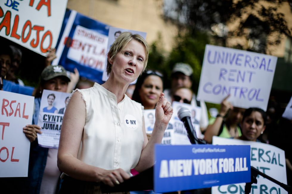democratic gubernatorial candidate cynthia nixon  rally for universal rent control