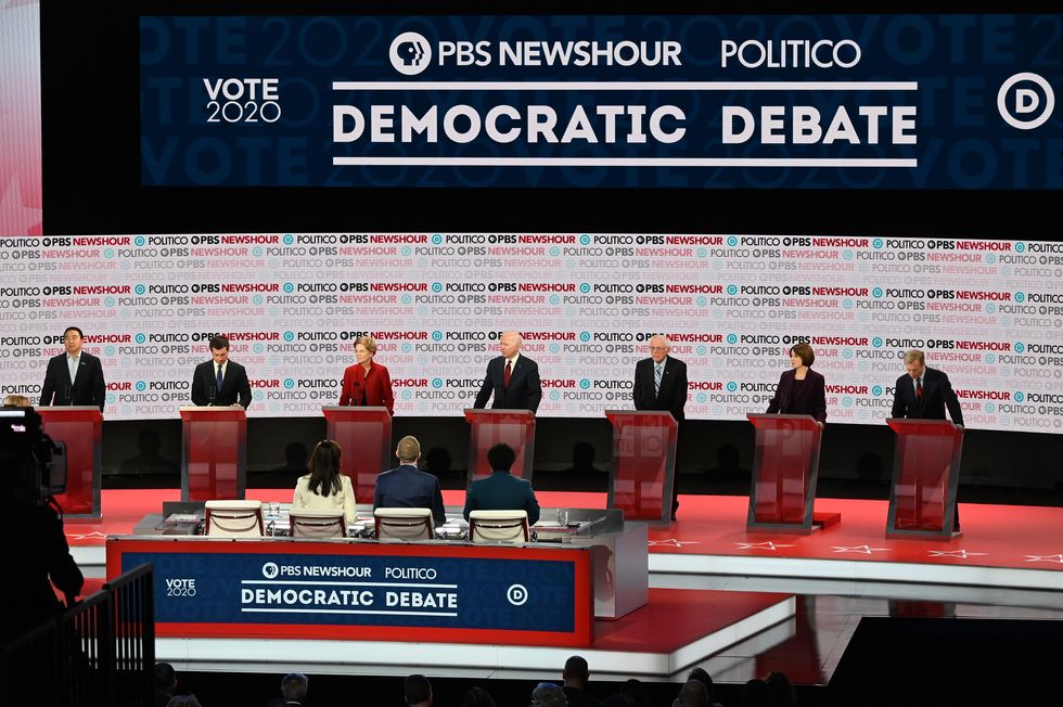 The Democratic presidential hopefuls on stage at Loyola Marymount University in Los Angeles, California