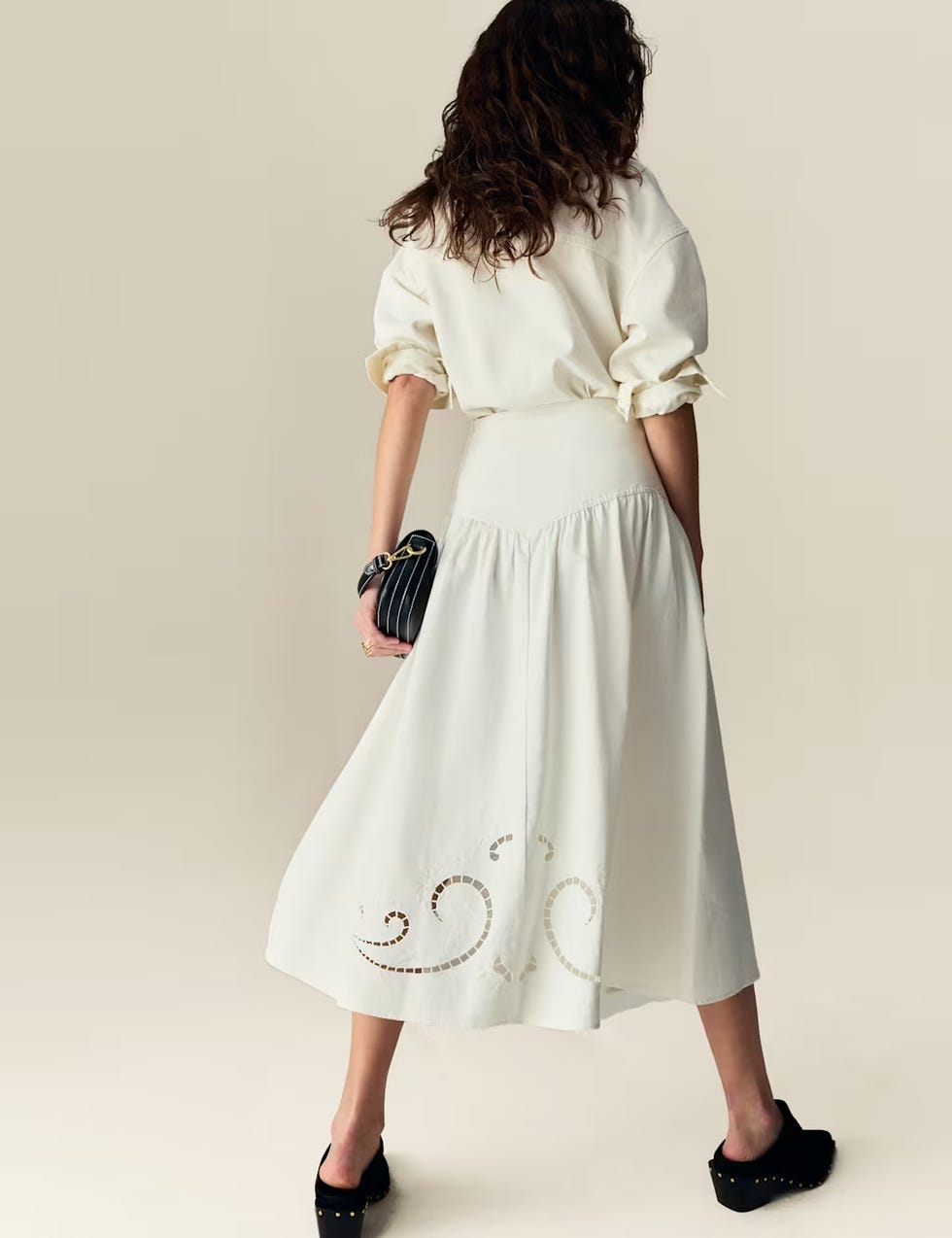 denim cutwork detail midi skirt