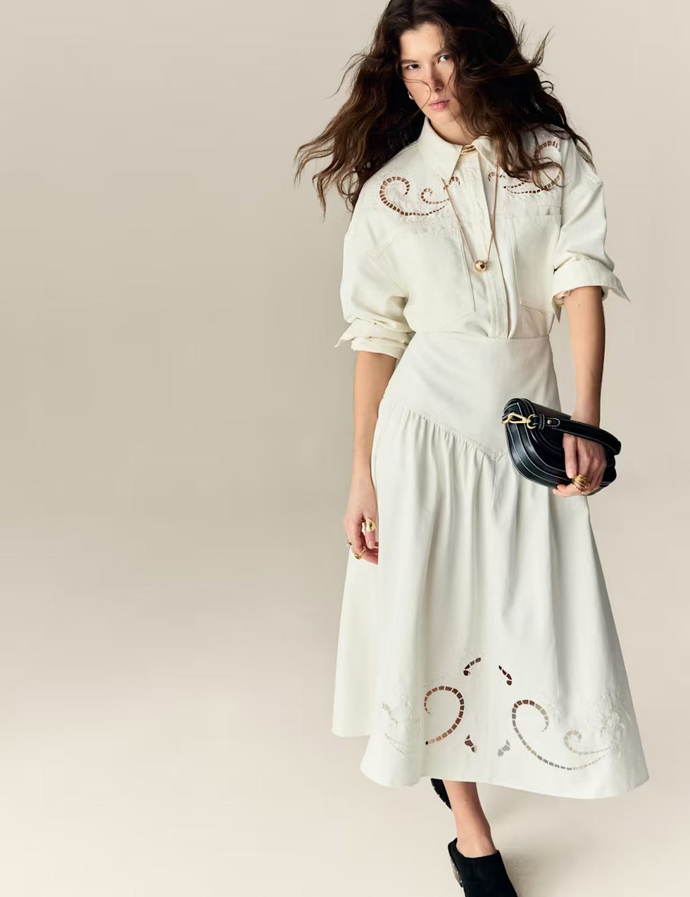 denim cutwork detail midi skirt