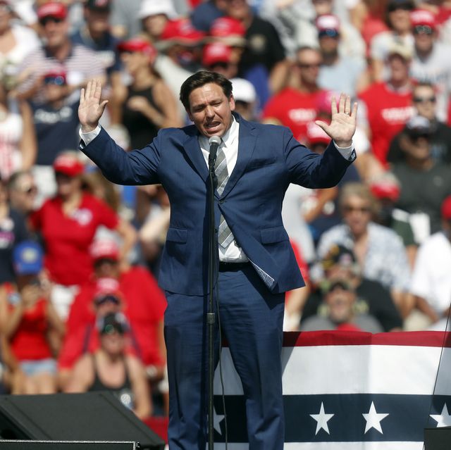 tampa, fl   october 29 florida governor ron desantis speaks to supporters of president donald trump before he arrives to give a campaign speech just four days before election day outside of raymond james stadium on october 29, 2020 in tampa, florida with less than a week until election day, trump and his opponent, democratic presidential nominee joe biden, are campaigning across the country photo by octavio jonesgetty images