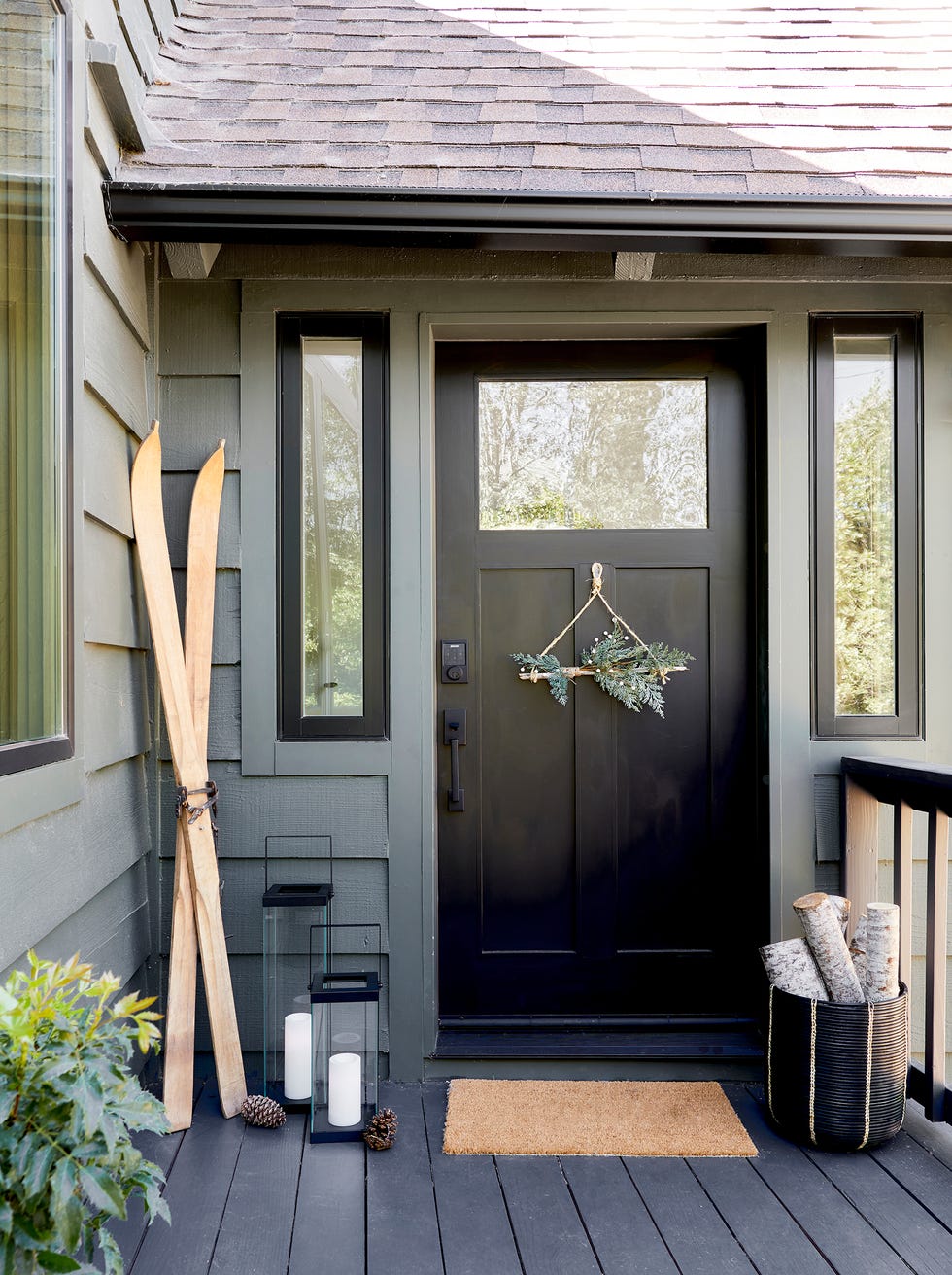 christmas front porch with black door