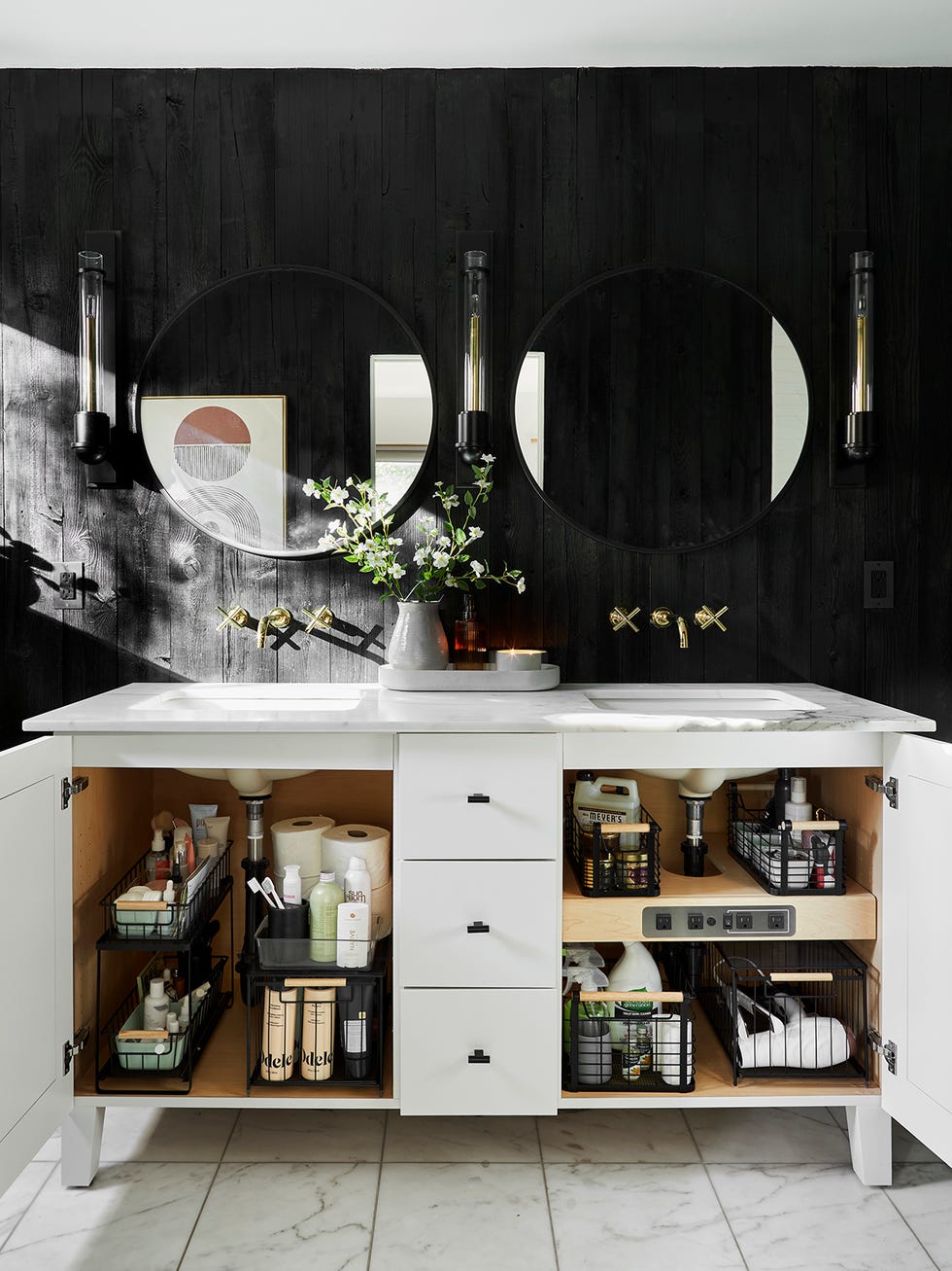 bathroom storage ideas, bathroom with organized vanity