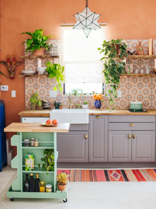 Green, Room, Kitchen, Furniture, Property, Turquoise, Interior design, Wall, Floor, Orange, 
