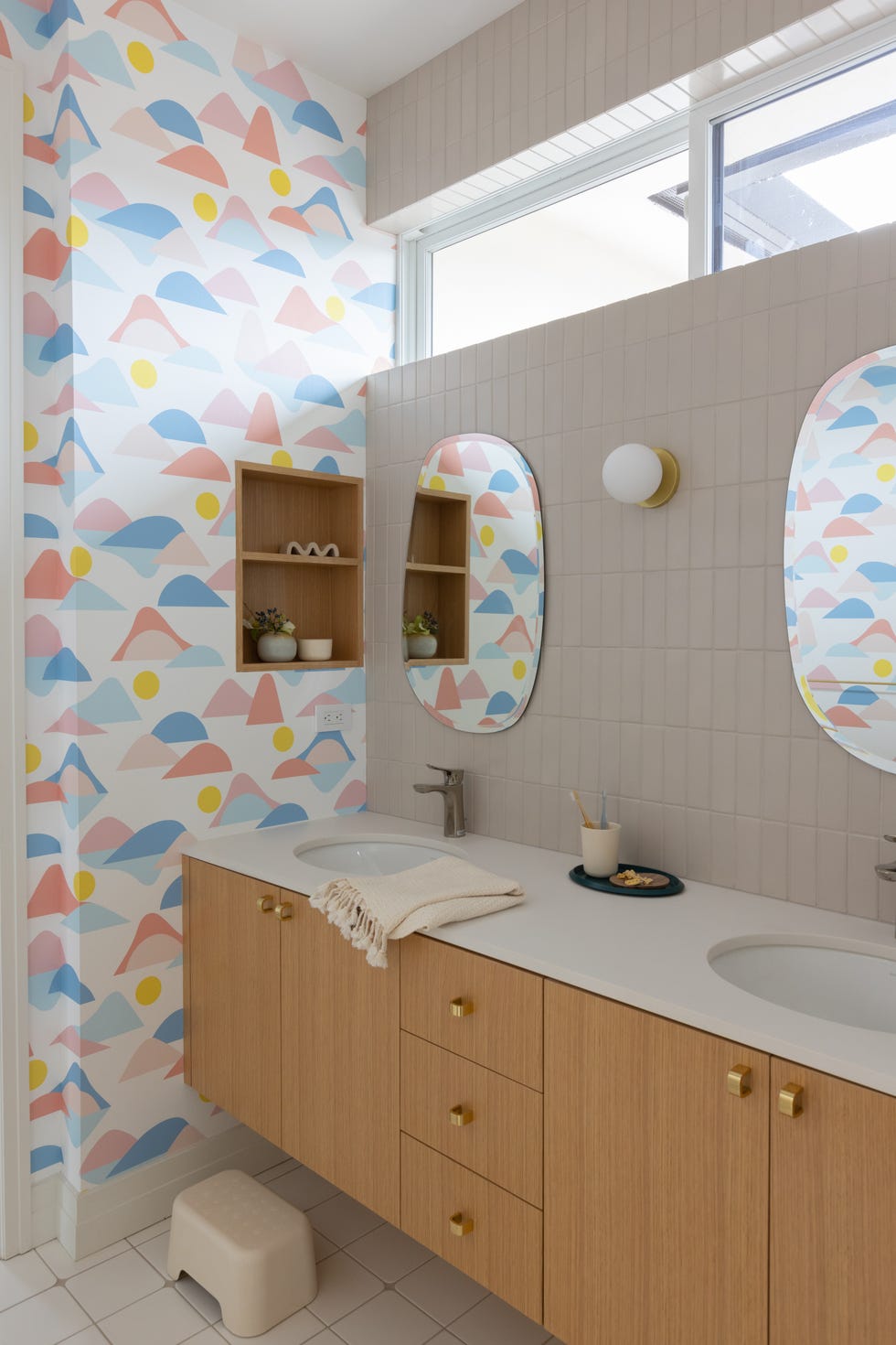 bathroom with geometric wallpaper