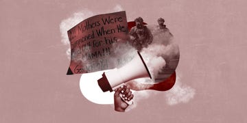 collage showing hand that holds bull horn, officers in military gear, smoke, and a sign that reads, 'all mothers were summoned when he called out for his mama george floyd blm"