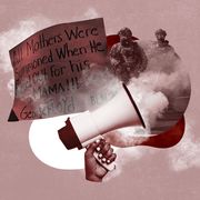 collage showing hand that holds bull horn, officers in military gear, smoke, and a sign that reads, 'all mothers were summoned when he called out for his mama george floyd blm"