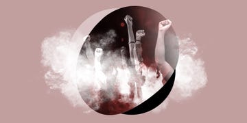 collage of fists raised up with smoke shrouding them