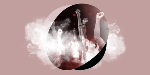 collage of fists raised up with smoke shrouding them