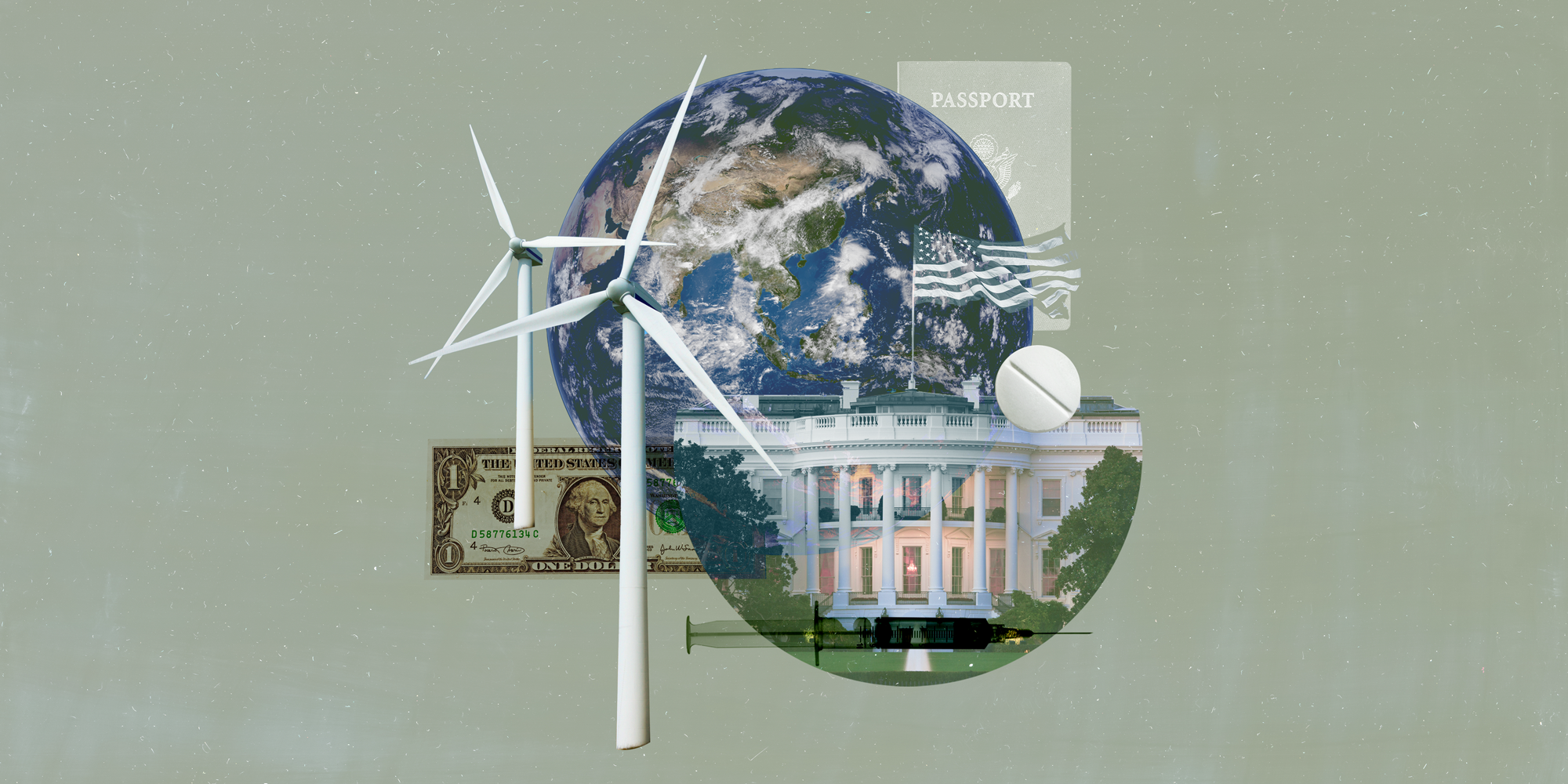 collage of the earth, the white house, wind turbines, a birth control pill, a dollar bill, and a passport