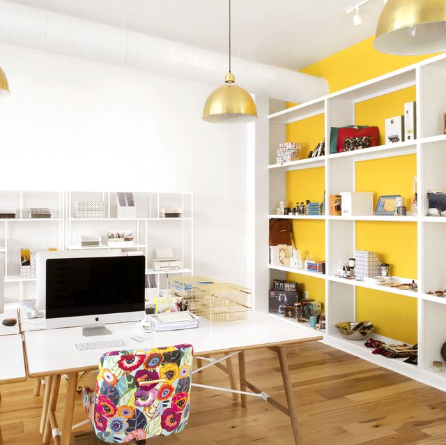 Styled Working Space With Gold Office Supplies And Color Sticky