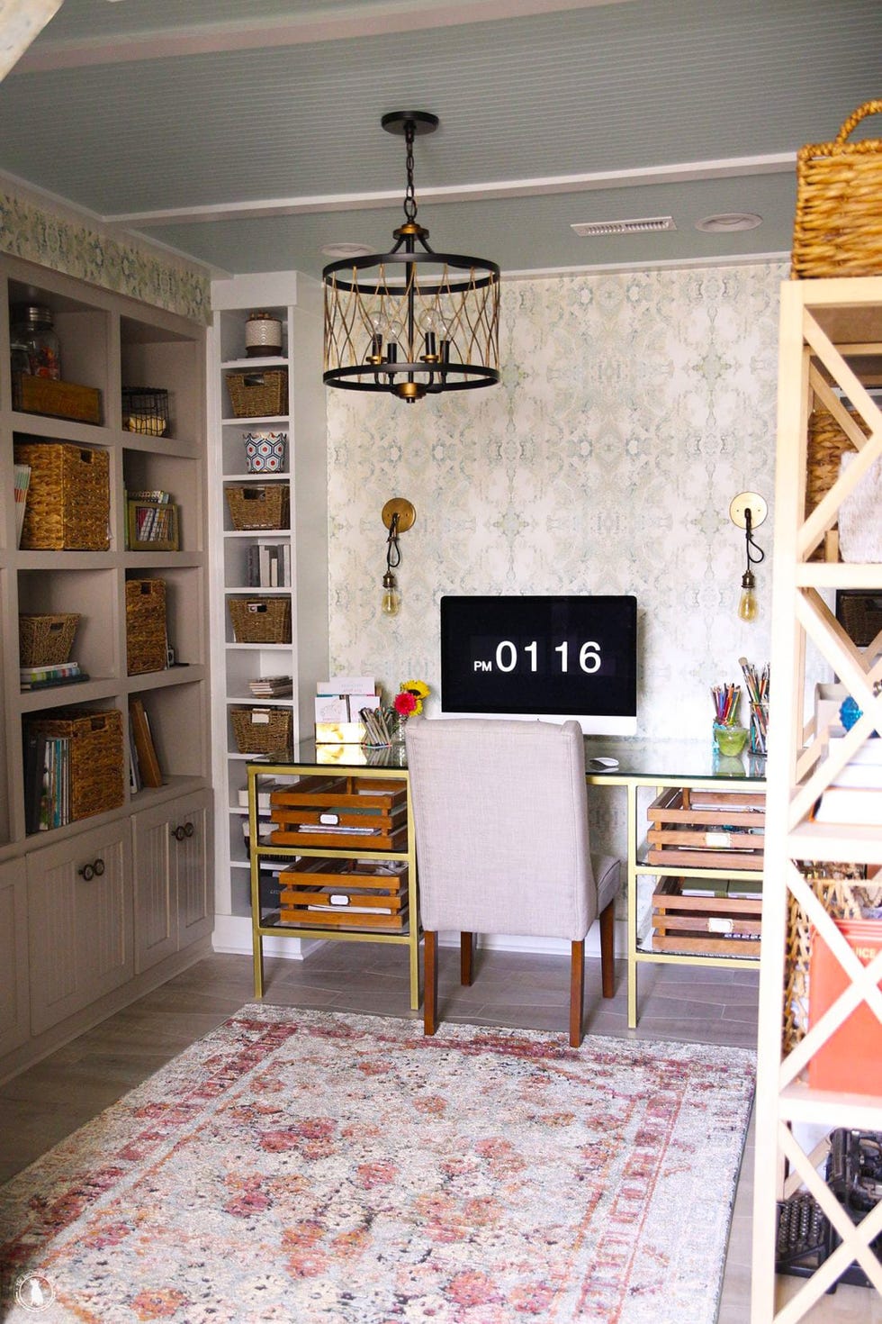 desk with light fixture above