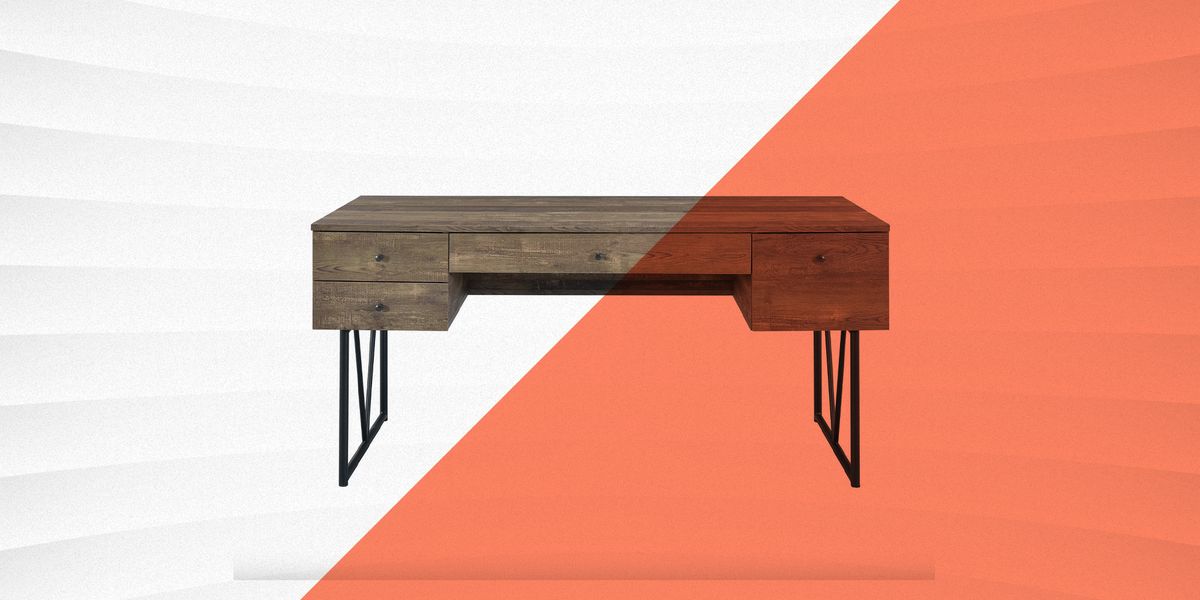wooden home office desk against orange and white background