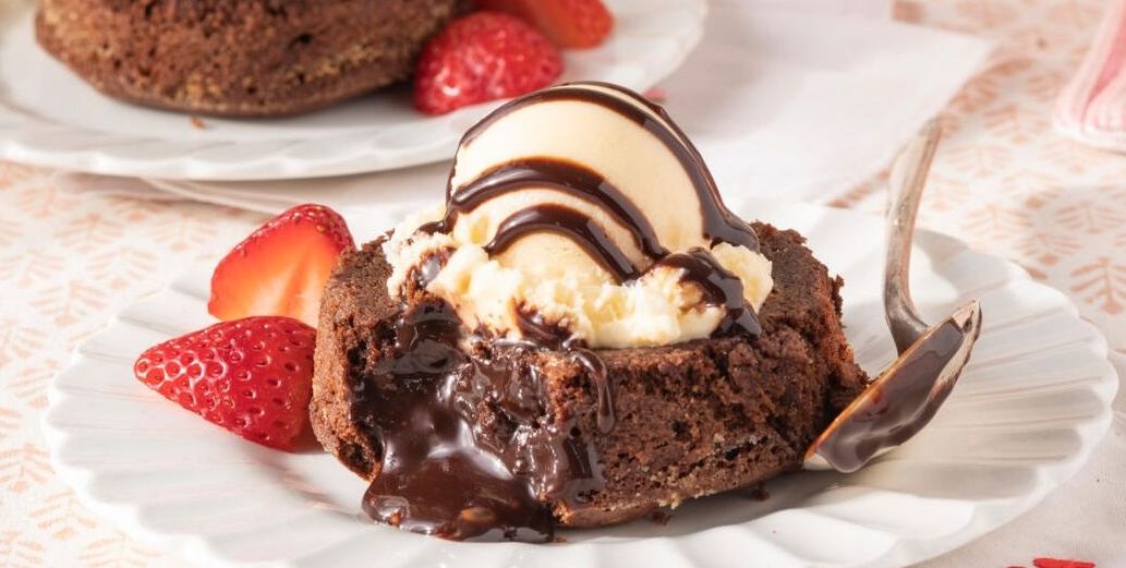 desserts for two chocolate lava cake with ice cream and strawberries