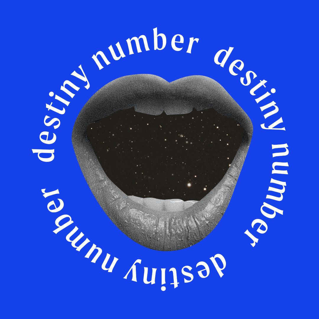 the words destiny number encircle a black and white cutout of an open mouth