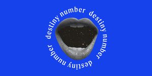 the words destiny number encircle a black and white cutout of an open mouth