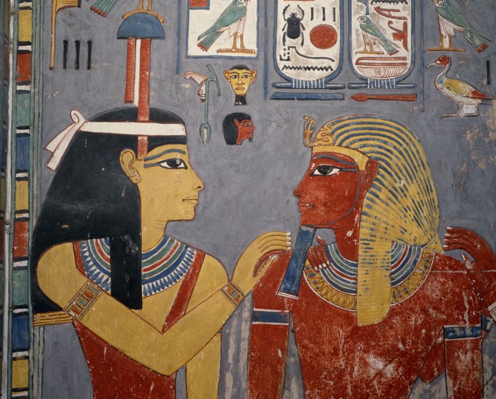 detail of mural painting of nephthys and horemheb from the tomb of horemheb