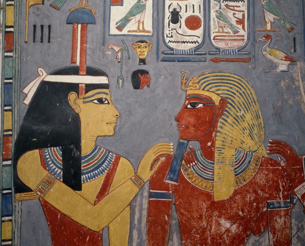 detail of mural painting of nephthys and horemheb from the tomb of horemheb