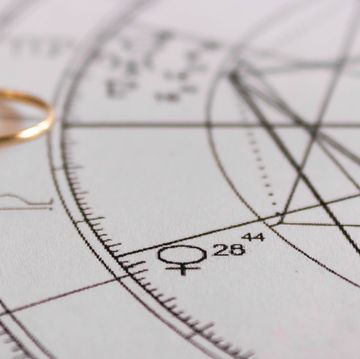 detail of printed astrology chart with venus planet and a wedding ring in the background