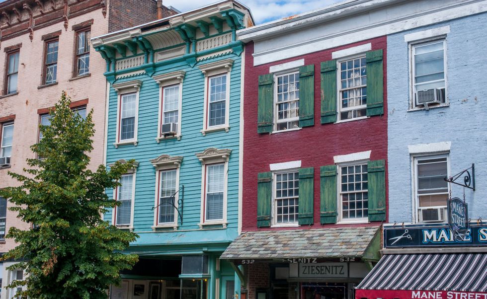 detail of the houses on warren street in the town of hudson on hudson river in new york state, usa