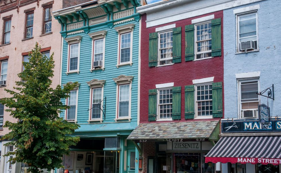 detail of the houses on warren street in the town of hudson on hudson river in new york state, usa