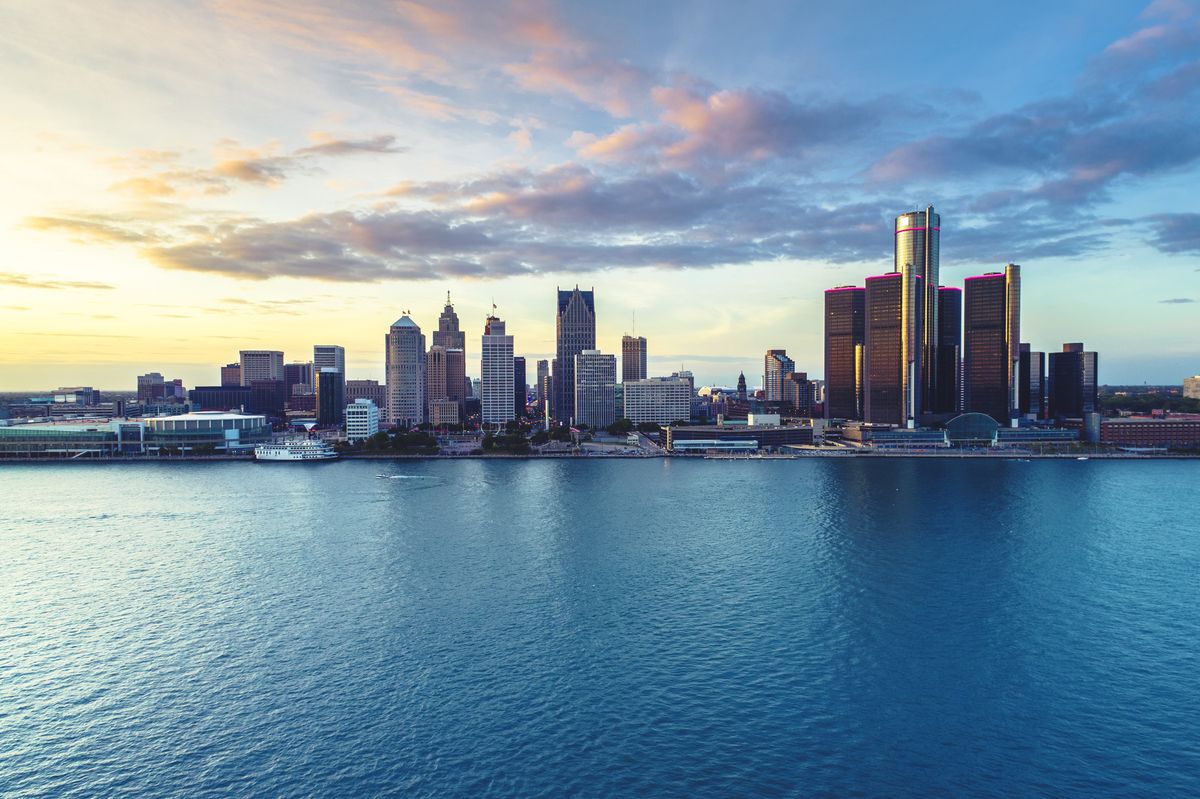 detroit aerial view sunset