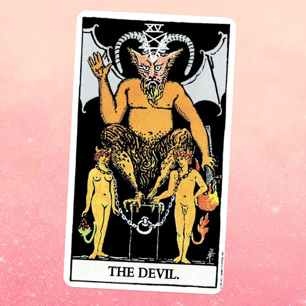 the tarot card the devil, showing a devil on a throne with two chained humans beneath him