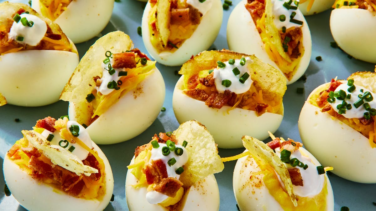 Video player poster image preview for Eggland's Best x Delish | Loaded Deviled Egg Bites