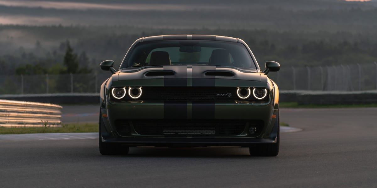 2023 dodge challenger srt hellcat widebody, shown here in f8 green with dual carbon stripes