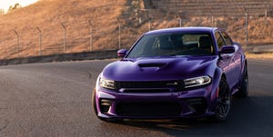 the 2023 dodge charger scat pack widebody, show in plum crazy dodge brand will celebrate its 2023 model lineup through a  number of new initiatives, including by bringing back three beloved heritage exterior colors b5 blue, plum crazy purple and sublime green one popular modern color, destroyer grey, also returns to the fold