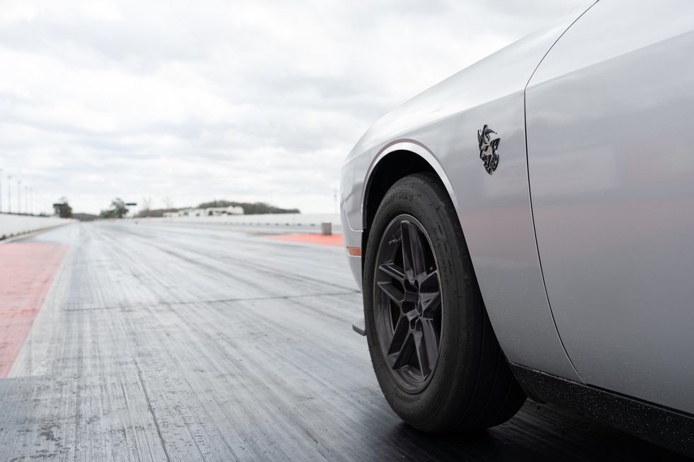 the dodge brand worked closely over many months with mickey thompson tires to develop applications exclusively for the 2023 dodge challenger srt demon 170 that were crucial to the vehicle achieving maximum traction under extreme acceleration