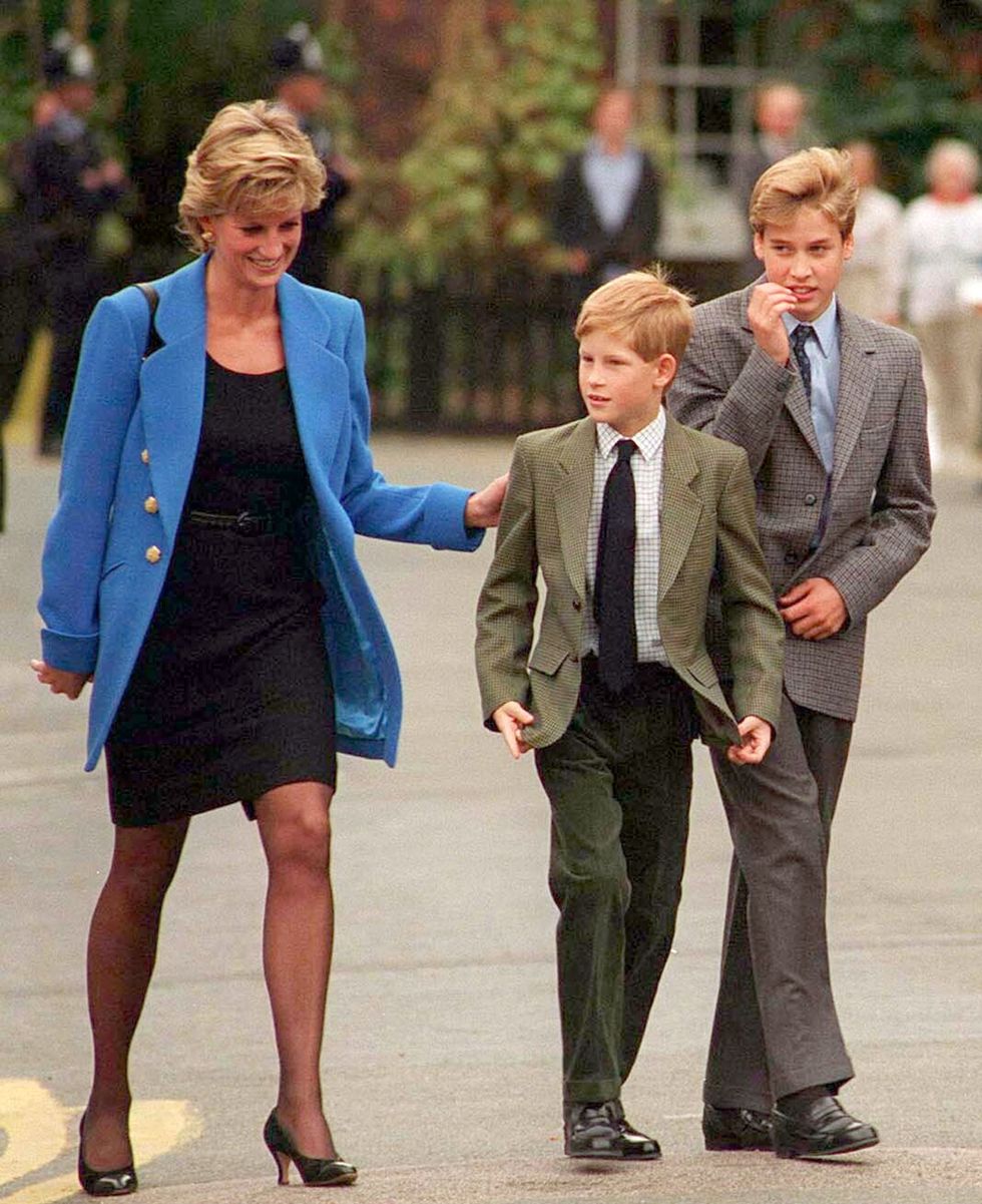 prince william with diana, princess of wales and prince harry on the day he joined eton in september 1995 at the various in various, united kingdom photo by anwar husseinwireimage