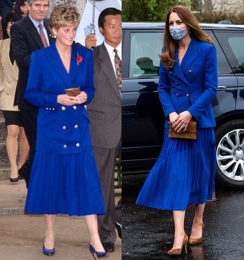 diana and kate middleton wearing similar pleated blue skirt and boxy blazer