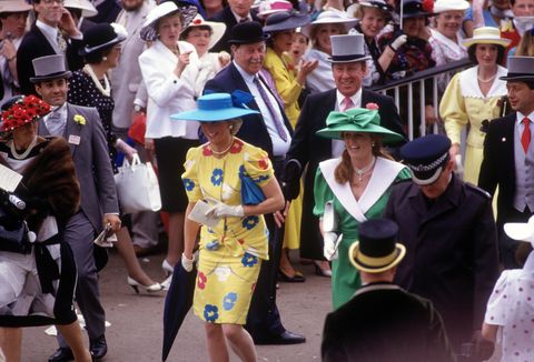 Diana Princess of Wales and Sarah Duchess of York stroll through the Royal Enclosure at Royal Ascot