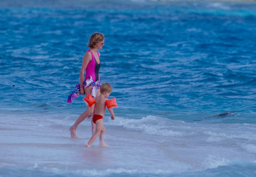 diana, princess of wales, with prince harry, and william ,and her niece's and nephew's on holiday on necker island