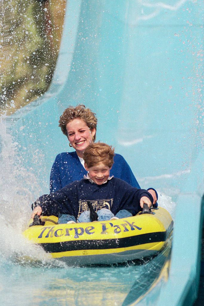 diana, princess of wales, with prince william, and prince harry, at thorpe park