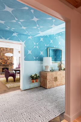 hallway with blue and orange color palette