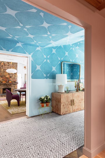 hallway with blue and orange color palette