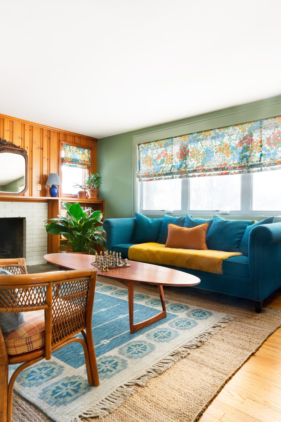living room with green accent wall