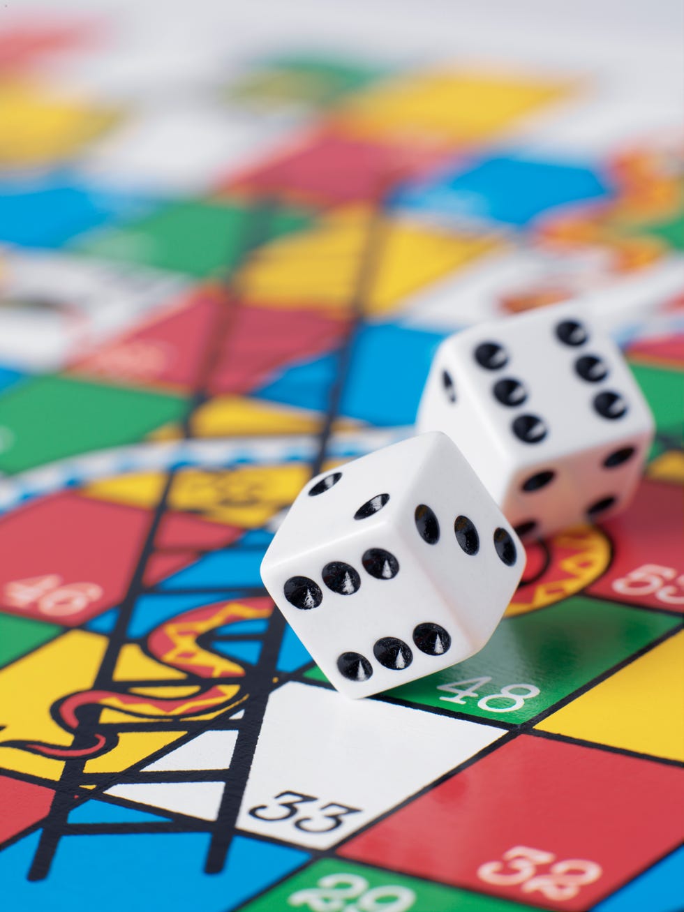 virtual happy hour ideas - Dice falling onto snakes and ladders board