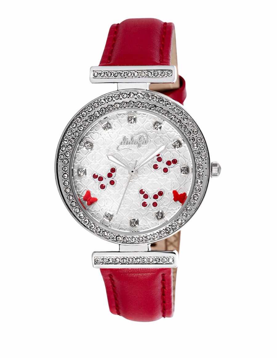 Watch, Analog watch, Watch accessory, Strap, Red, Fashion accessory, Jewellery, Material property, Hardware accessory, Silver, 