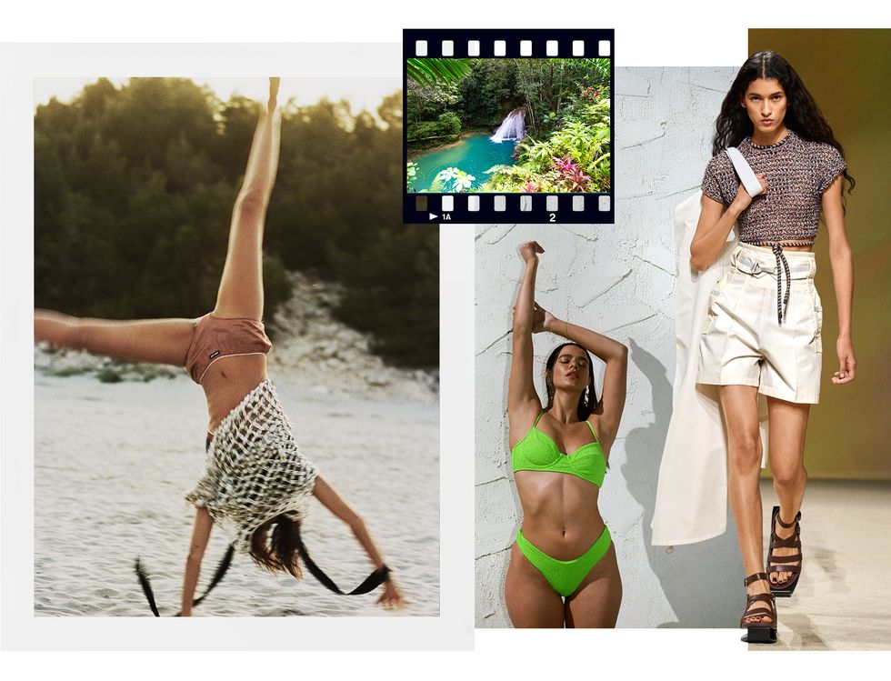 a collage of editorial images associated with beachwear in a guide to the bazaar beachwear guide 2023