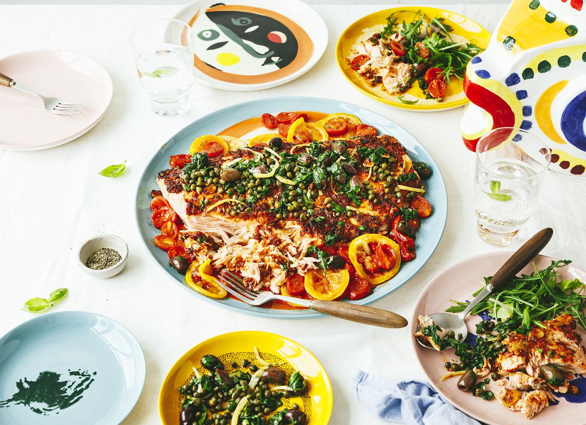 spring recipes presented on colorful dinnerware