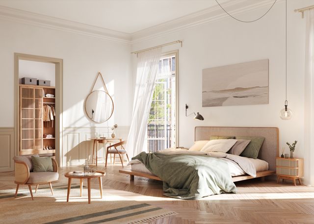 digital render of a serene bedroom oasis with natural light