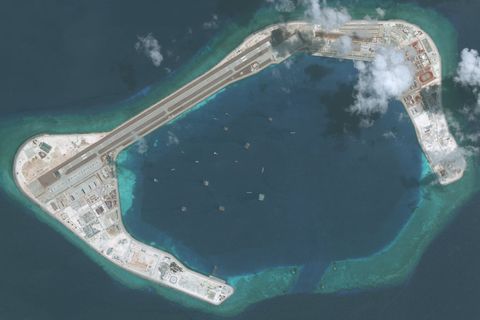 MAY 28, 2018: DigitalGlobe imagery of the Subi Reef in the South China Sea, a part of the Spratly Islands group.  Photo DigitalGlobe via Getty Images.
