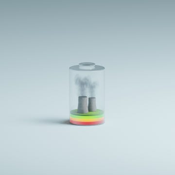 digitally generated image of a nuclear power plant charging the battery on blue background square format