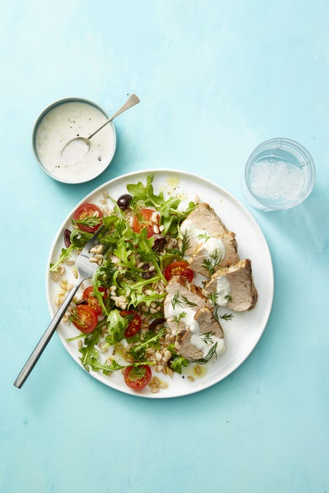 hearty salad recipes - Dill-Crusted Pork and Farro Salad hearty salad recipes dill crusted pork and farro salad