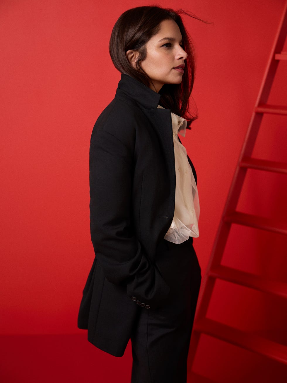 person wearing a black blazer over a white shirt against a red background with a ladder