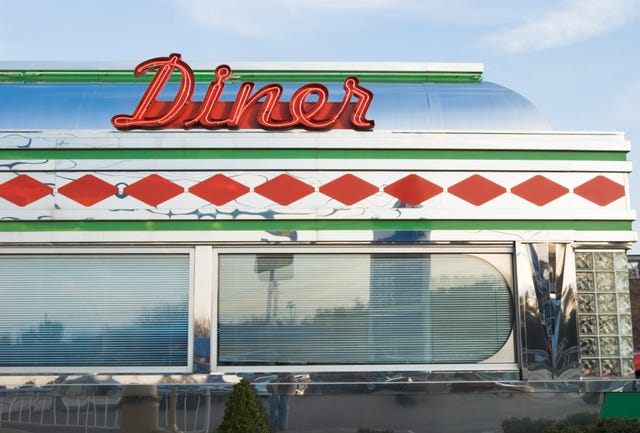 diner sign in red neon, roadside restaurant, retro 1950's