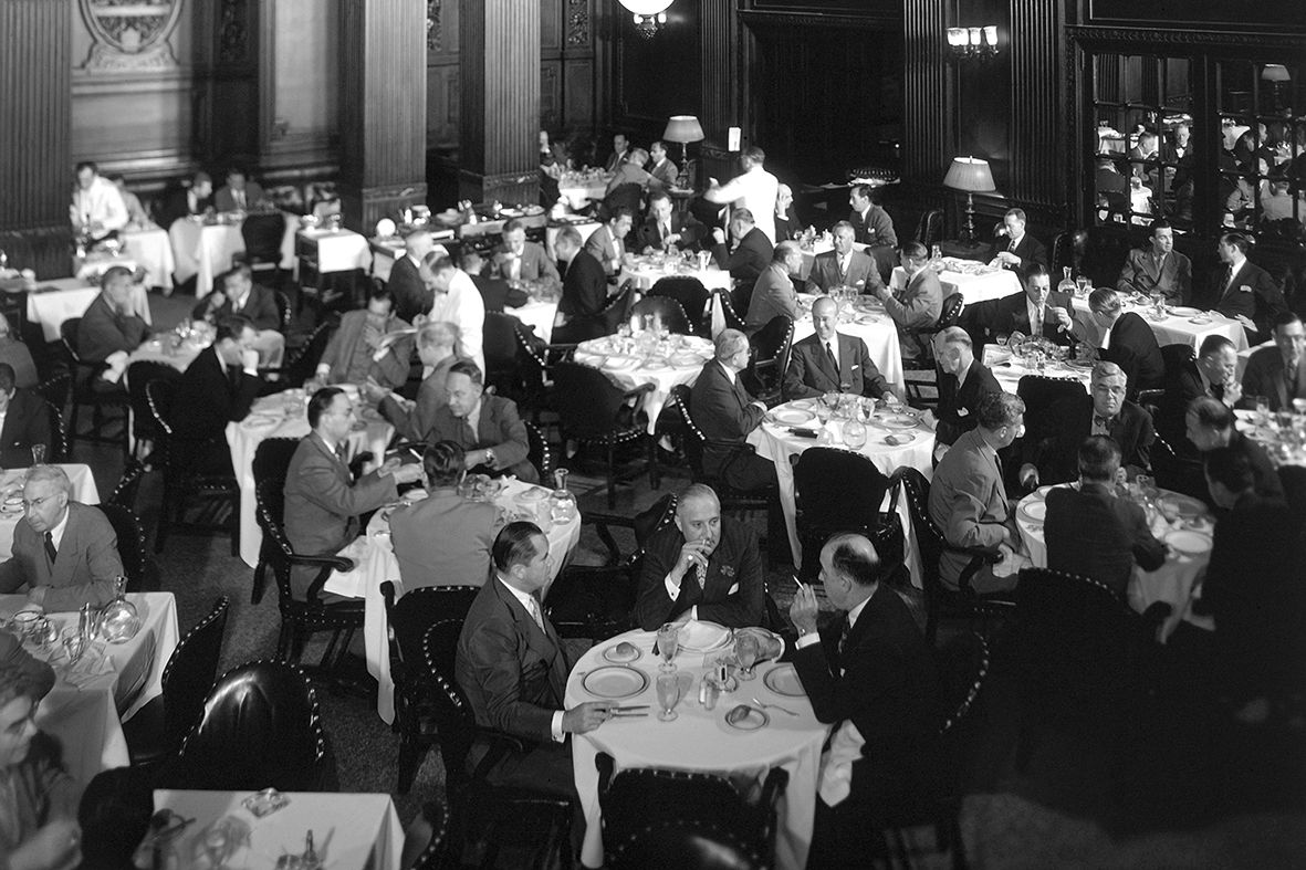 overhead view of the oak room at the plaza hotel, one of the hotel's dining rooms, new york, new york, 1946 the hotel was designed by architect henry janeway hardenbergh in 1909 photo by dmitri kesselthe life picture collectiongetty images